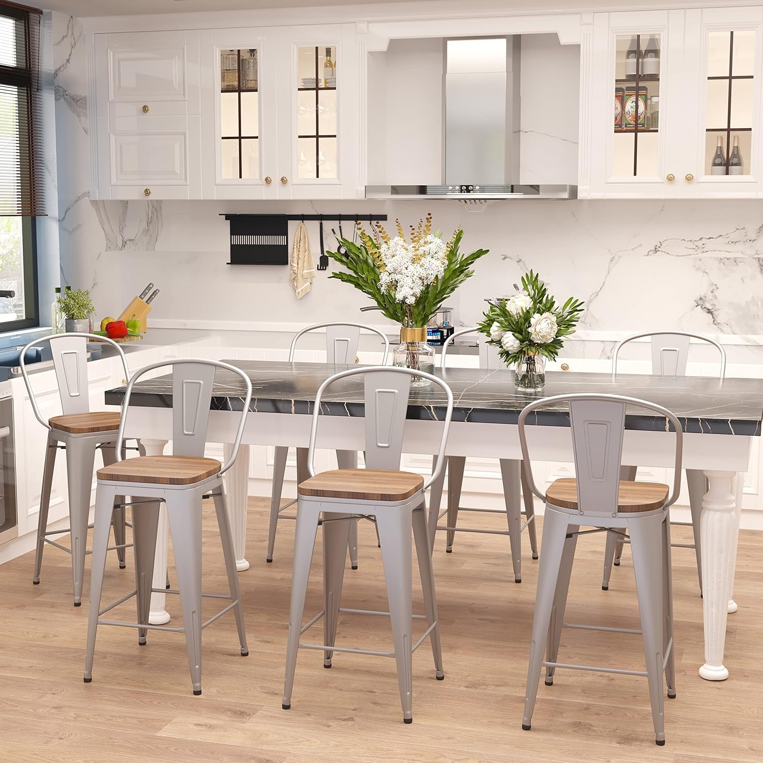 Metal Bar Stools Set of 4,24 Inch Barstools Counter Height Bar Stool with Backs Farmhouse Bar Stools with Larger Seat High Back Kitchen Dining Chairs Modern Bar Chairs 24" Silver Stool