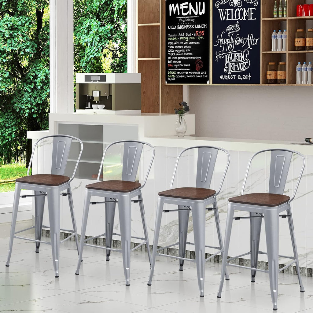 Metal Bar Stools Set of 4,24 Inch Barstools Counter Height Bar Stool with Backs Farmhouse Bar Stools with Larger Seat High Back Kitchen Dining Chairs Modern Bar Chairs 24" Silver Stool