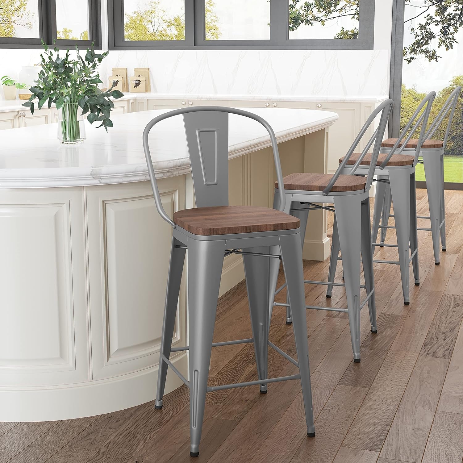 Metal Bar Stools Set of 4,24 Inch Barstools Counter Height Bar Stool with Backs Farmhouse Bar Stools with Larger Seat High Back Kitchen Dining Chairs Modern Bar Chairs 24" Silver Stool