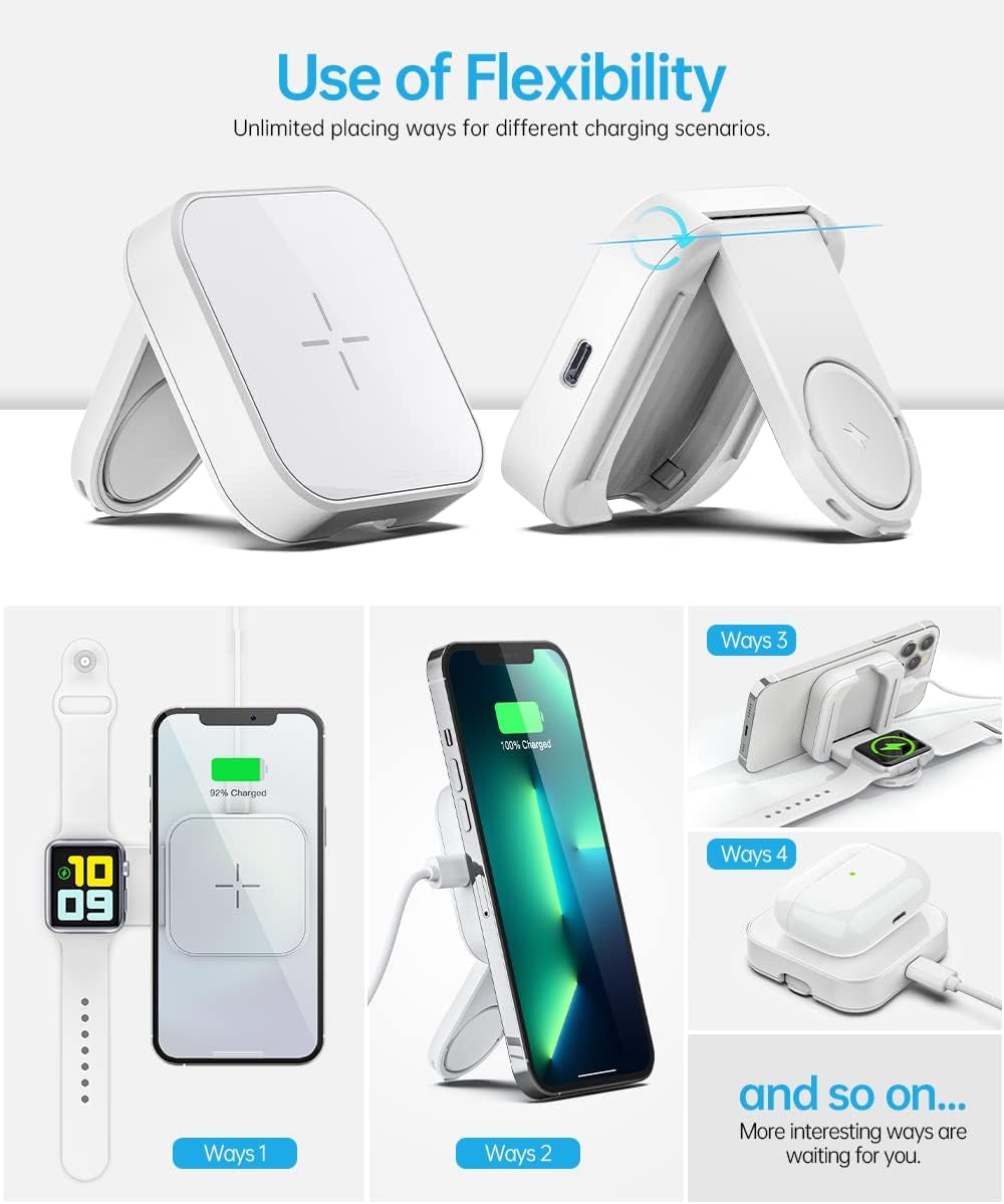 MURCIA 2 in 1 Magnetic Wireless Charger, Folding Dual Fast Magnetic Wireless Charging Station Stand Compatible with Iphone 13/12/ Pro Max/Mini/Apple Watch Se/7/6/5/4/3/2/1