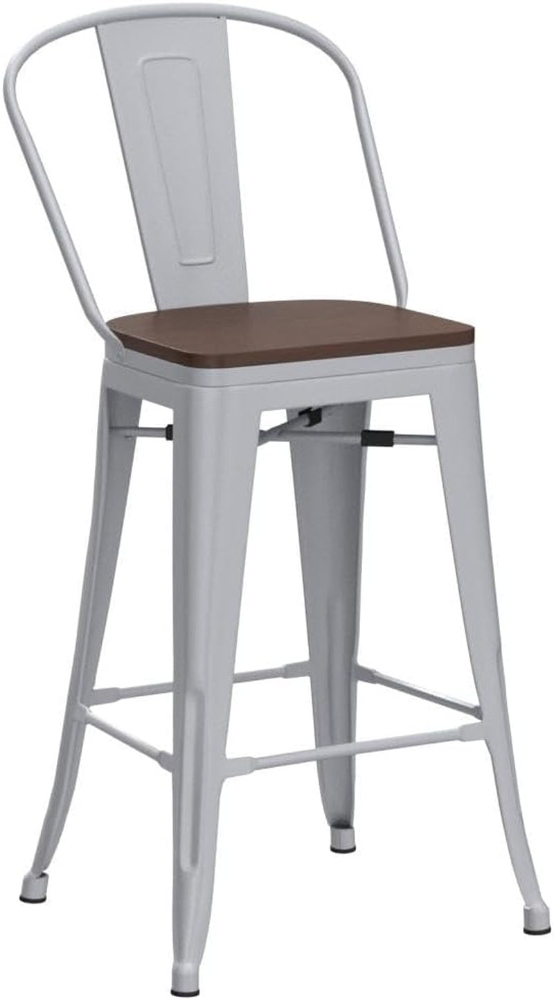 Metal Bar Stools Set of 4,24 Inch Barstools Counter Height Bar Stool with Backs Farmhouse Bar Stools with Larger Seat High Back Kitchen Dining Chairs Modern Bar Chairs 24" Silver Stool
